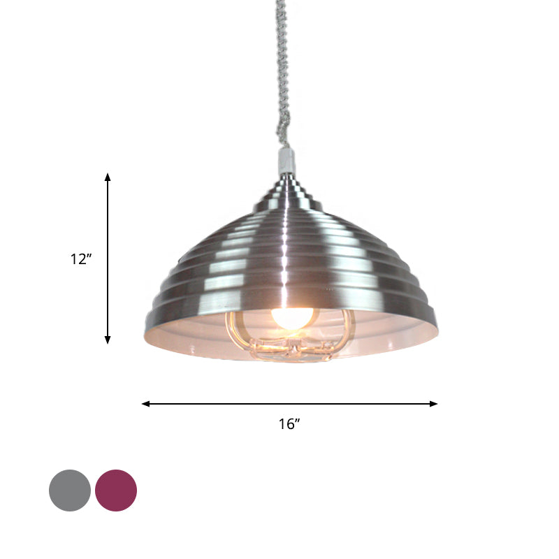 Vintage Rose Red/Nickel Domed Hanging Light Pendant With Ribbed Design - Indoor Metal Lighting 1