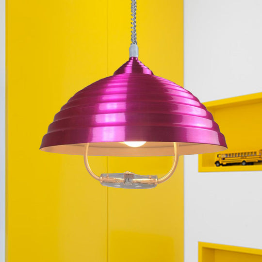 Vintage Rose Red/Nickel Domed Hanging Light Pendant With Ribbed Design - Indoor Metal Lighting 1