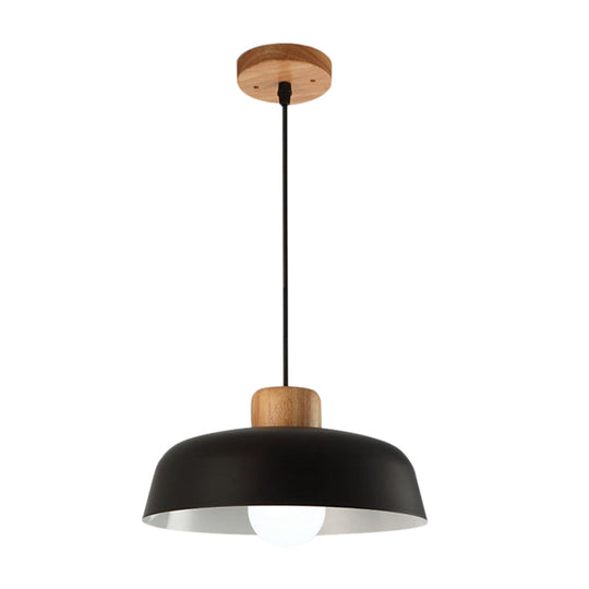 Bowl Shaped Hanging Fixture Nordic Style Black/White Metal And Wood Pendant Lighting With