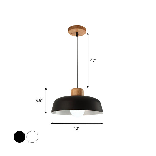 Bowl Shaped Hanging Fixture Nordic Style Black/White Metal And Wood Pendant Lighting With