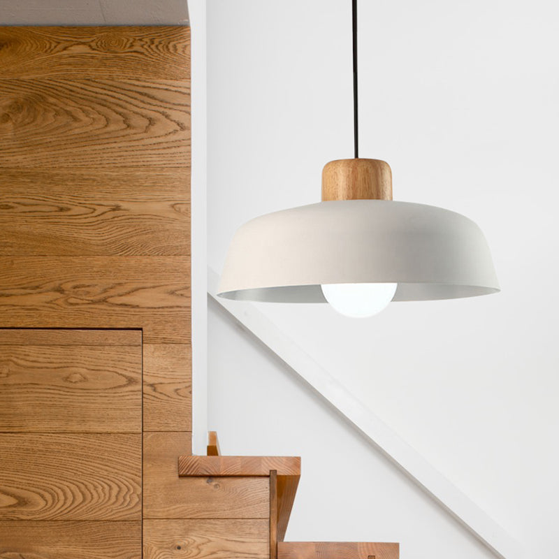 Bowl Shaped Hanging Fixture Nordic Style Black/White Metal And Wood Pendant Lighting With