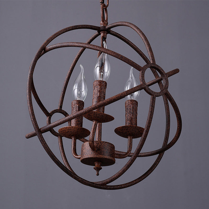 Spherical Wrought Iron Hanging Light: Antique Style Indoor Chandelier Lamp In Black/Rust With 3/6/7