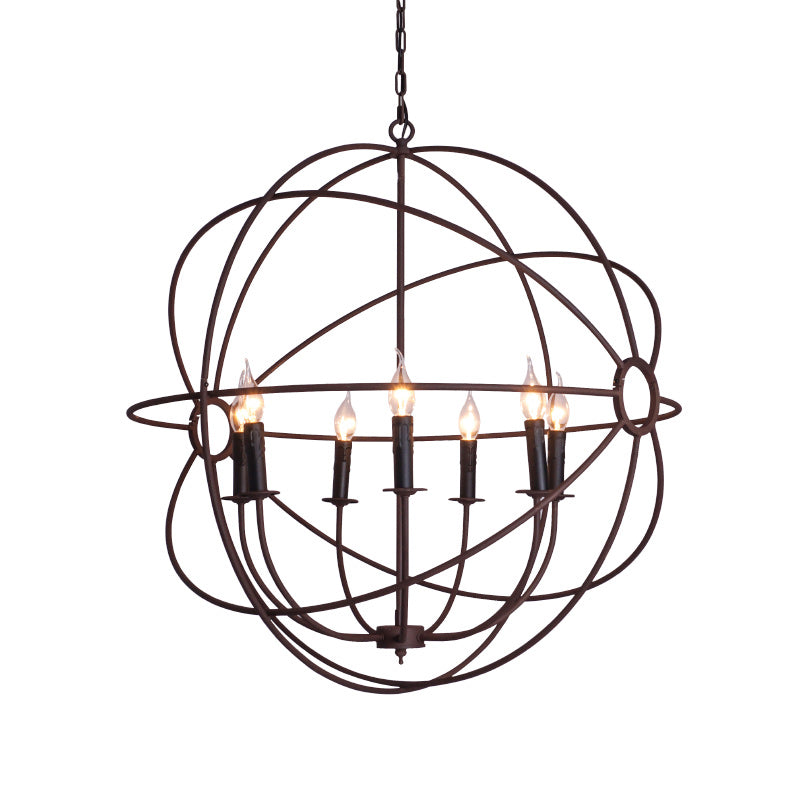 Spherical Wrought Iron Hanging Light: Antique Style Indoor Chandelier Lamp In Black/Rust With 3/6/7