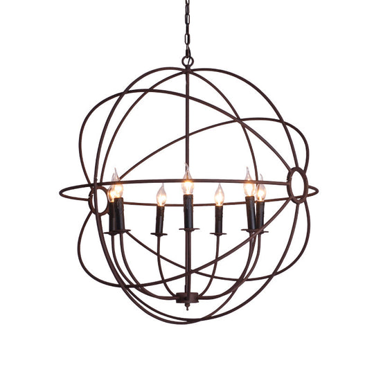 Spherical Wrought Iron Hanging Light: Antique Style Indoor Chandelier Lamp In Black/Rust With 3/6/7