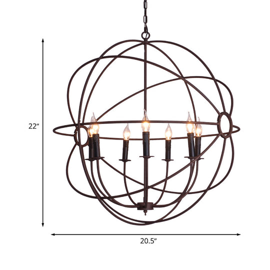 Spherical Wrought Iron Hanging Light: Antique Style Indoor Chandelier Lamp In Black/Rust With 3/6/7