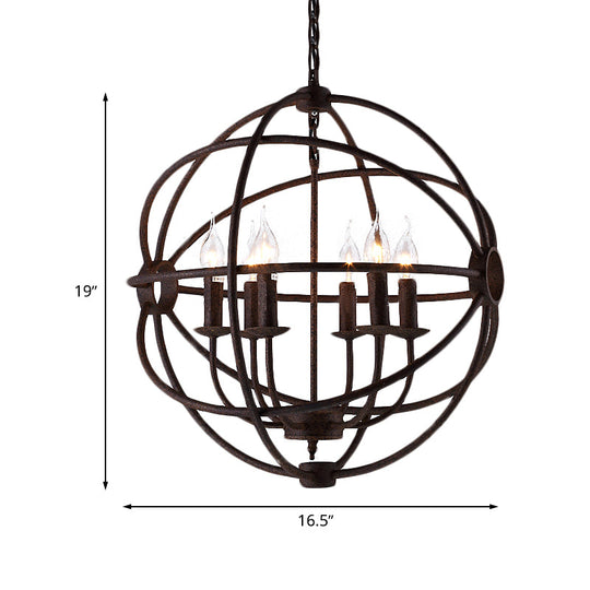 Spherical Wrought Iron Hanging Light: Antique Style Indoor Chandelier Lamp In Black/Rust With 3/6/7