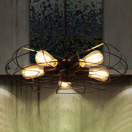 Vintage Round Cage Pendant Light With 5 Bulbs - Wrought Iron Chandelier Lamp In Black/Rust Black /