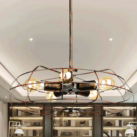 Vintage Round Cage Pendant Light With 5 Bulbs - Wrought Iron Chandelier Lamp In Black/Rust Rust /