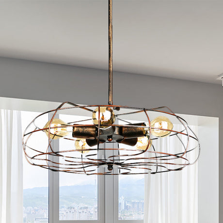 Vintage Round Cage Pendant Light With 5 Bulbs - Wrought Iron Chandelier Lamp In Black/Rust