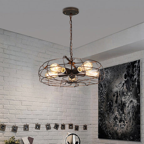 Vintage Round Cage Pendant Light With 5 Bulbs - Wrought Iron Chandelier Lamp In Black/Rust
