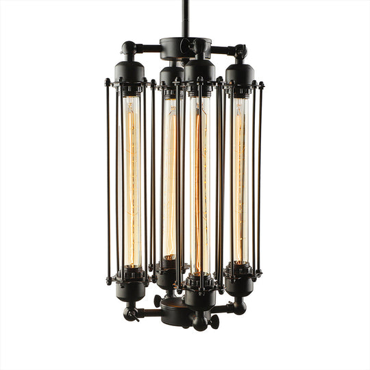 Industrial Style 4-Light Chandelier with Tube Cage Shade - Vertical/Horizontal Indoor Hanging Lamp in Black