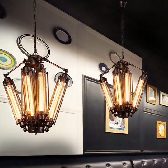 Vintage Iron Pendant Lighting - Wire Tubed Metal 8-Head Dining Room Light Fixture In Black