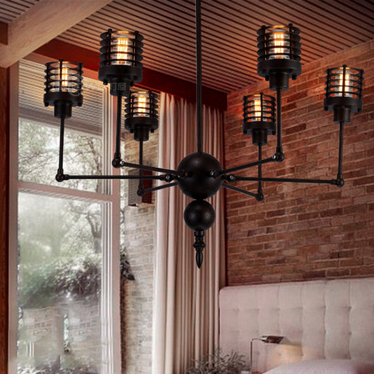 Spider Iron Pendant Light: Adjustable Antique 6-Light Chandelier With Cage Shade In Black - Perfect
