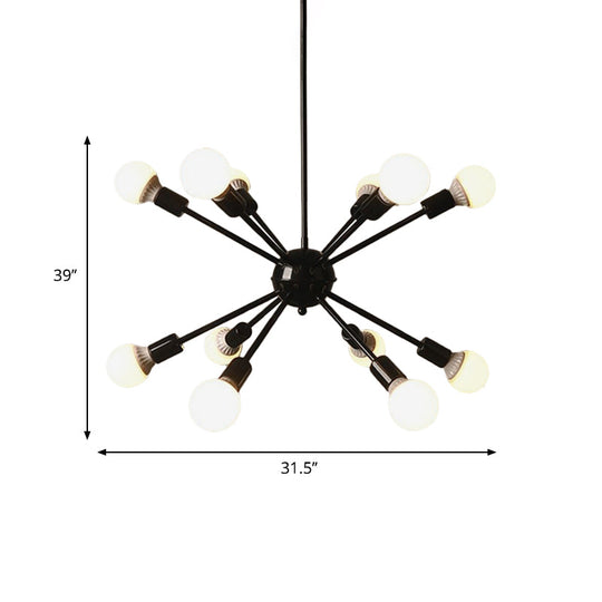 Industrial Black Starburst Chandelier Lighting - 12 Bulbs Adjustable Cord Ideal For Restaurants