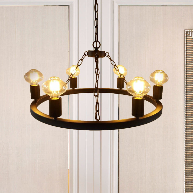 Farmhouse 6-Bulb Ring Chandelier Lamp In Black - Exposed Bulb Metallic Ceiling Lighting For Living