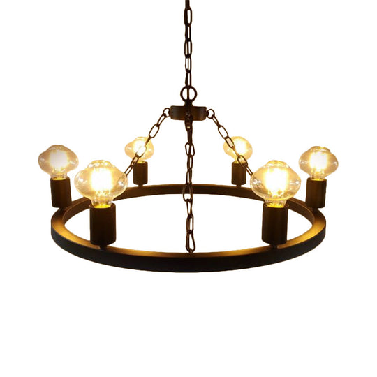 Farmhouse 6-Bulb Ring Chandelier Lamp In Black - Exposed Bulb Metallic Ceiling Lighting For Living