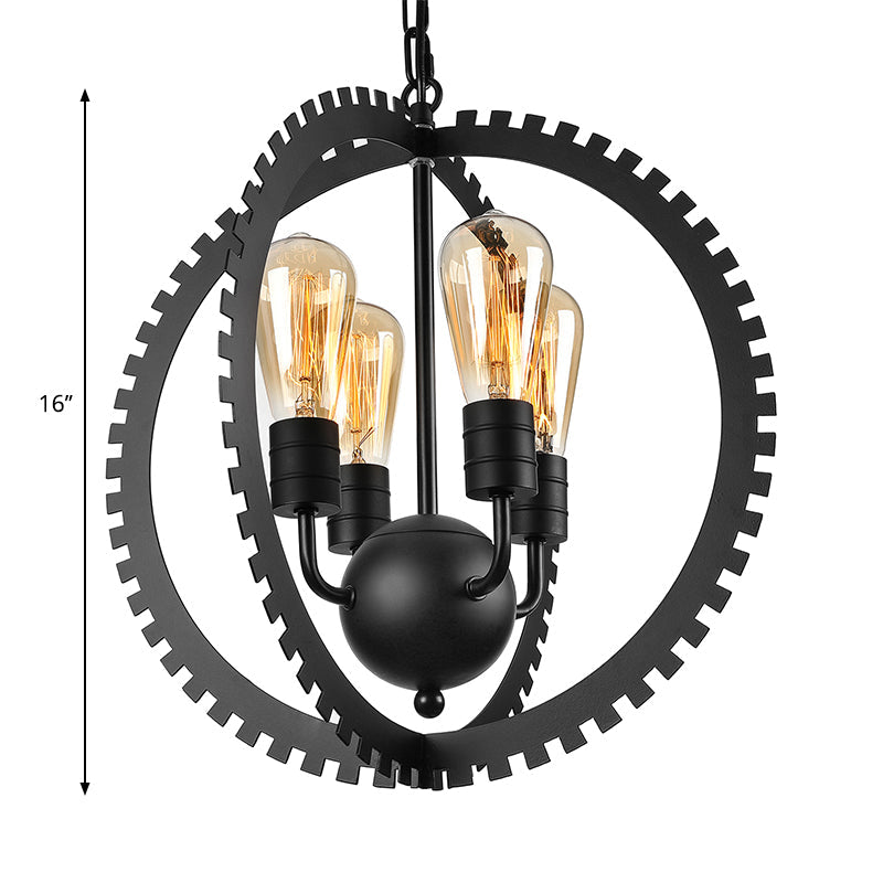 Rustic Industrial Circle Frame Chandelier Light Fixture W/ 4 Heads Black/Rust Iron Gear Design
