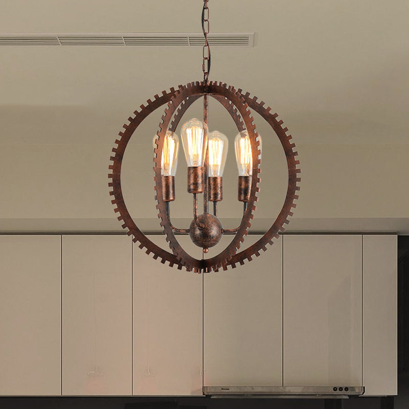 Rustic Industrial Circle Frame Chandelier Light Fixture W/ 4 Heads Black/Rust Iron Gear Design