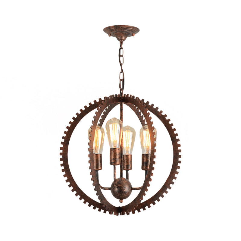 Rustic Industrial Circle Frame Chandelier Light Fixture W/ 4 Heads Black/Rust Iron Gear Design