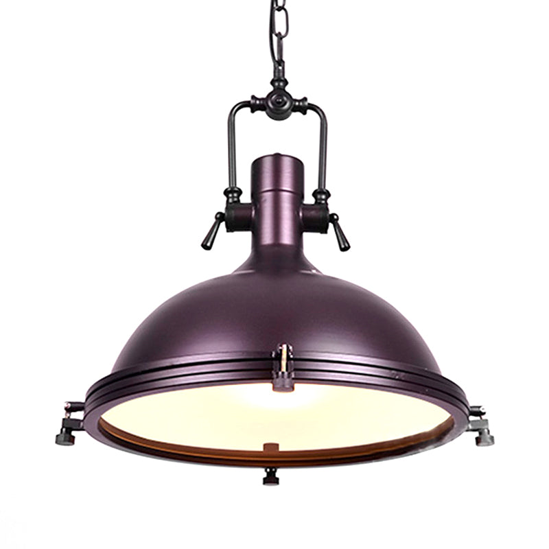 Industrial Dome Hanging Lamp With Frosted Diffuser 1 Light Metal Ceiling In Black/White/Purple For