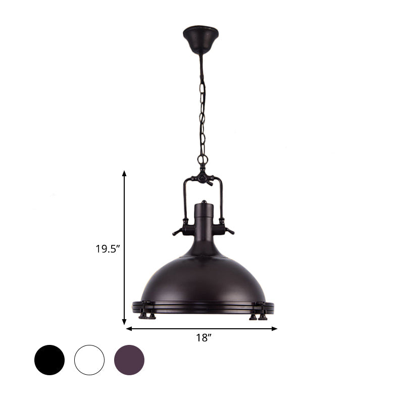 Industrial Dome Hanging Lamp With Frosted Diffuser 1 Light Metal Ceiling In Black/White/Purple For