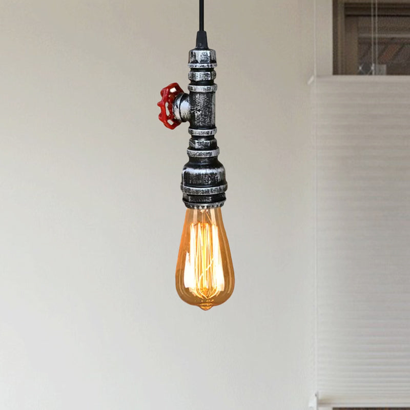 Rustic Pipe Hanging Lamp: Farmhouse Style Wrought Iron Light Fixture With Red Valve -