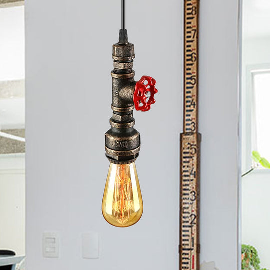 Rustic Pipe Hanging Lamp: Farmhouse Style Wrought Iron Light Fixture With Red Valve -