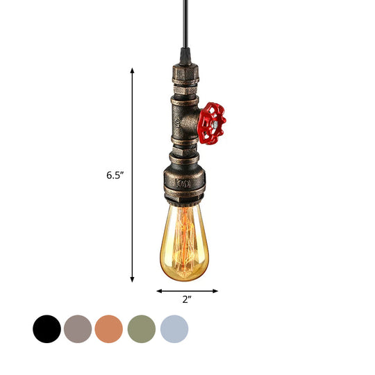 Rustic Pipe Hanging Lamp: Farmhouse Style Wrought Iron Light Fixture With Red Valve -