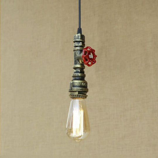 Rustic Pipe Hanging Lamp: Farmhouse Style Wrought Iron Light Fixture With Red Valve -
