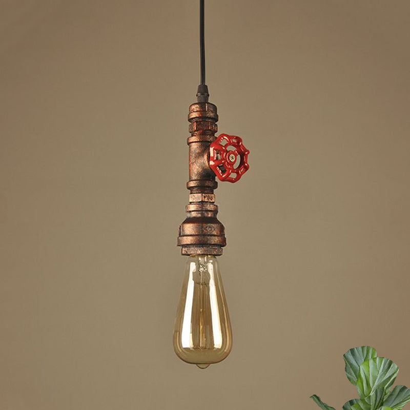 Rustic Pipe Hanging Lamp: Farmhouse Style Wrought Iron Light Fixture With Red Valve -