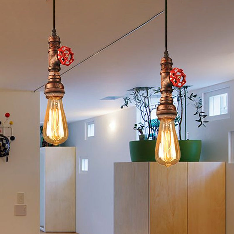 Rustic Pipe Hanging Lamp: Farmhouse Style Wrought Iron Light Fixture With Red Valve -