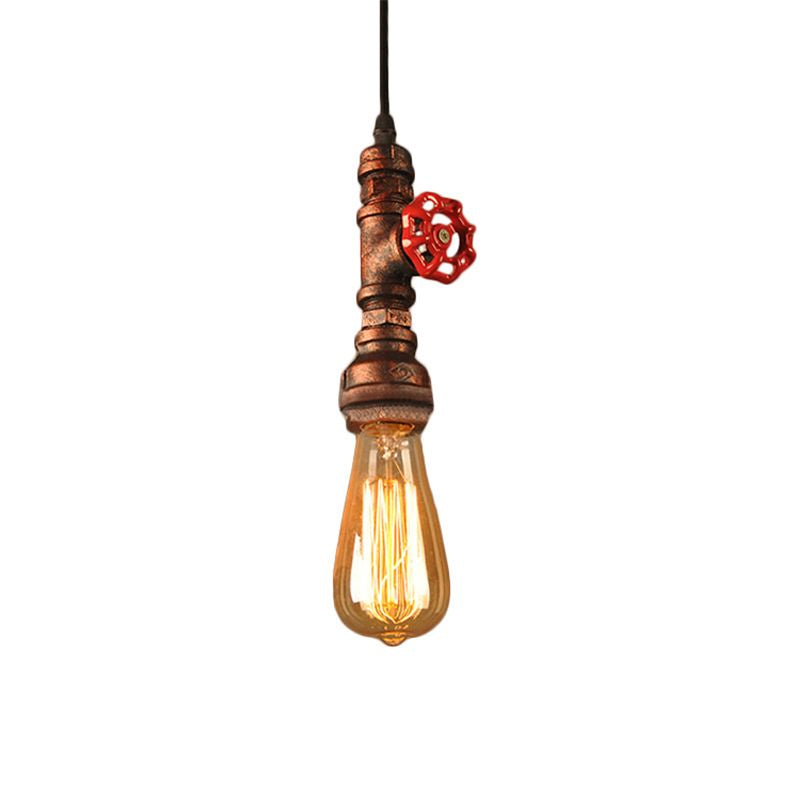 Rustic Pipe Hanging Lamp: Farmhouse Style Wrought Iron Light Fixture With Red Valve -