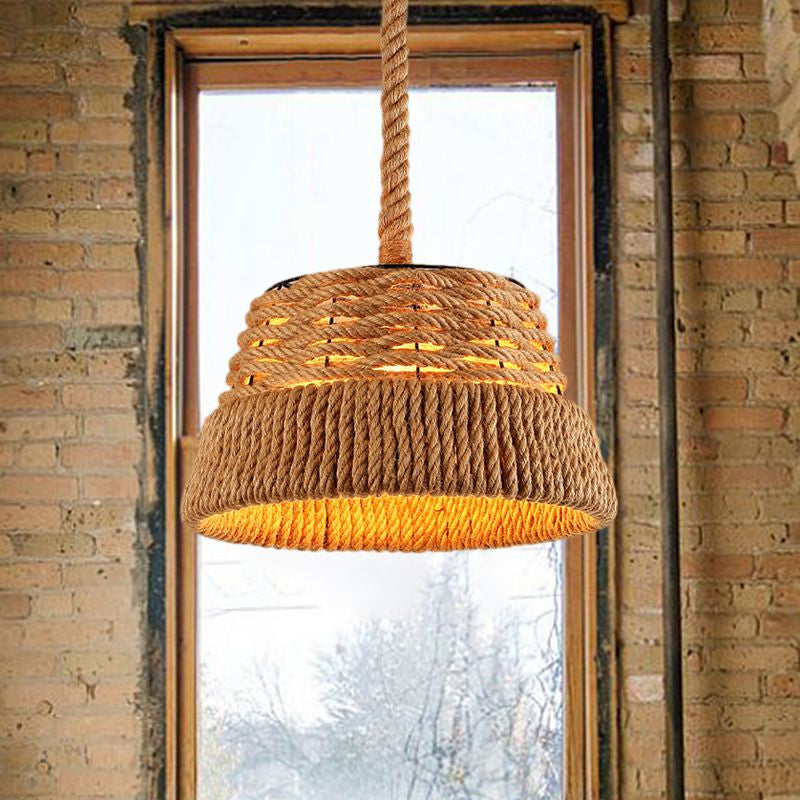 Countryside Beige Cone Pendant Light With Natural Rope For Dining Room