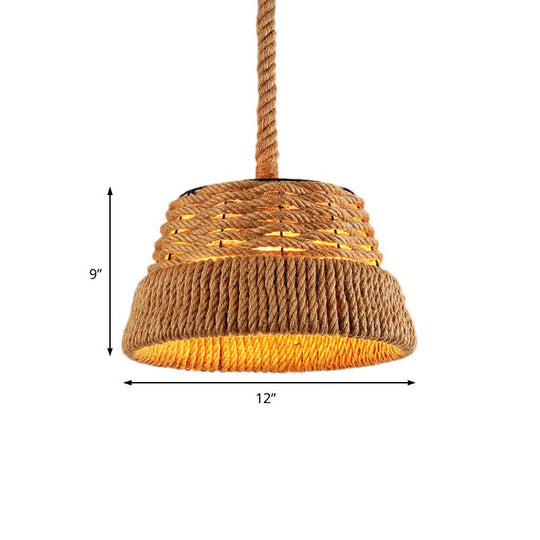 Countryside Beige Cone Pendant Light With Natural Rope For Dining Room