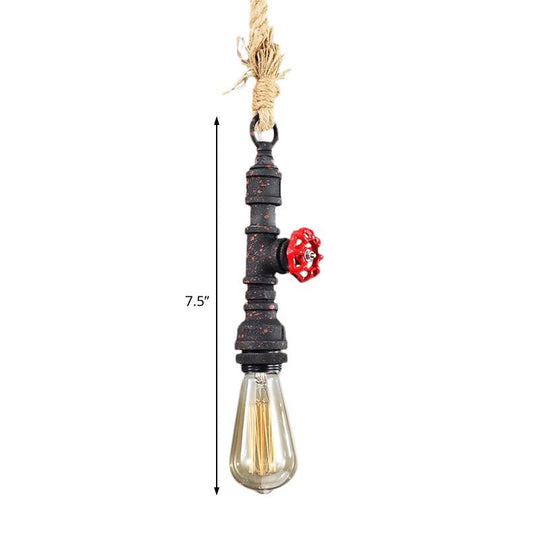 Antique Rust Metal & Rope Warehouse Pendant Light - Adjustable Ceiling Fixture With Bare Bulb