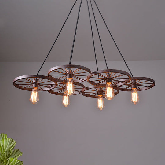 Vintage Industrial Hanging Light With Wheel Design And Multiple Heads - Black/Rust Metal Ceiling