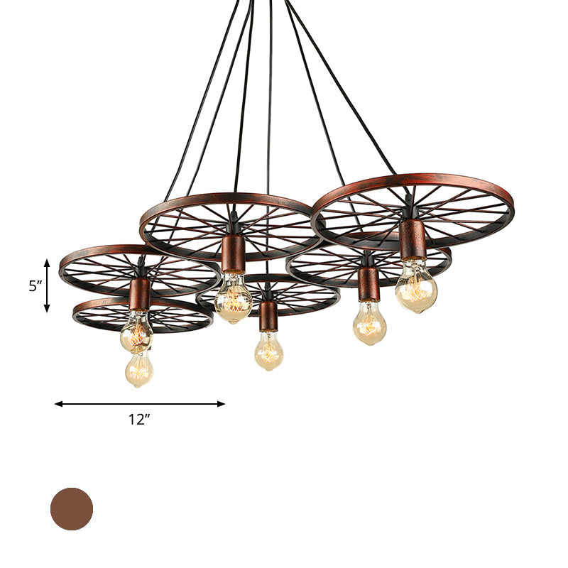 Vintage Industrial Hanging Light With Wheel Design And Multiple Heads - Black/Rust Metal Ceiling