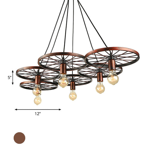 Vintage Industrial Hanging Light With Wheel Design And Multiple Heads - Black/Rust Metal Ceiling