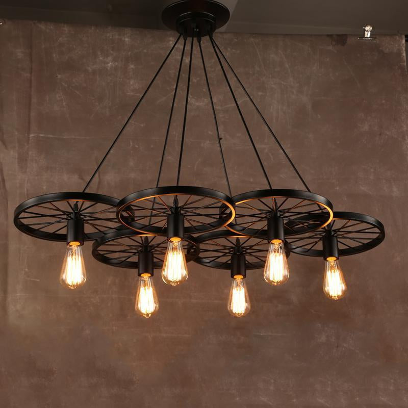 Vintage Industrial Hanging Light With Wheel Design And Multiple Heads - Black/Rust Metal Ceiling