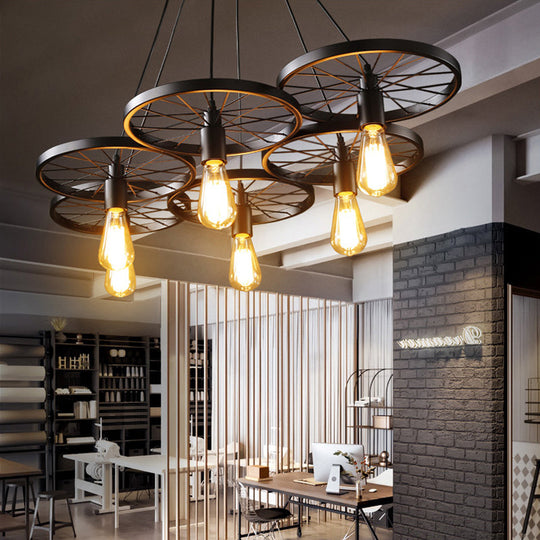 Vintage Industrial Hanging Light With Wheel Design And Multiple Heads - Black/Rust Metal Ceiling