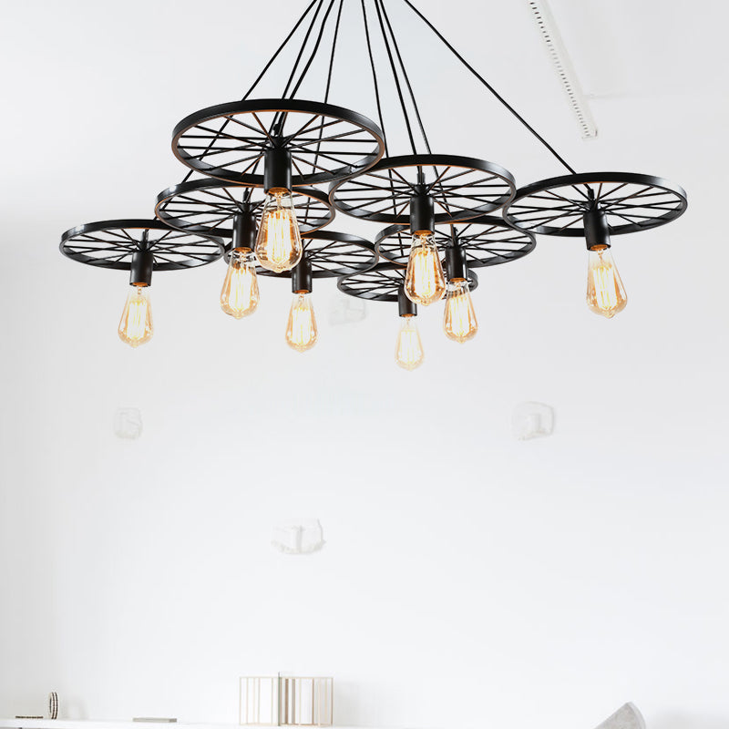 Vintage Industrial Hanging Light With Wheel Design And Multiple Heads - Black/Rust Metal Ceiling