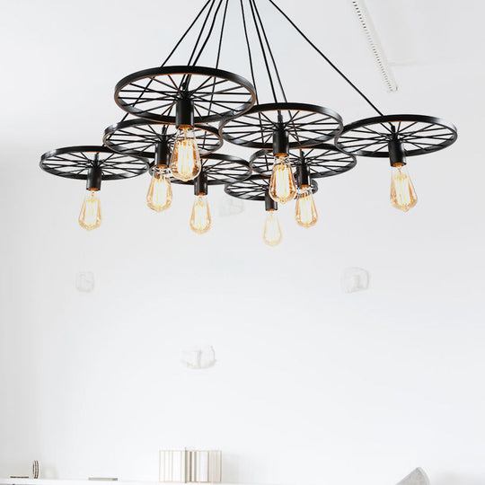 Vintage Industrial Hanging Light With Wheel Design And Multiple Heads - Black/Rust Metal Ceiling