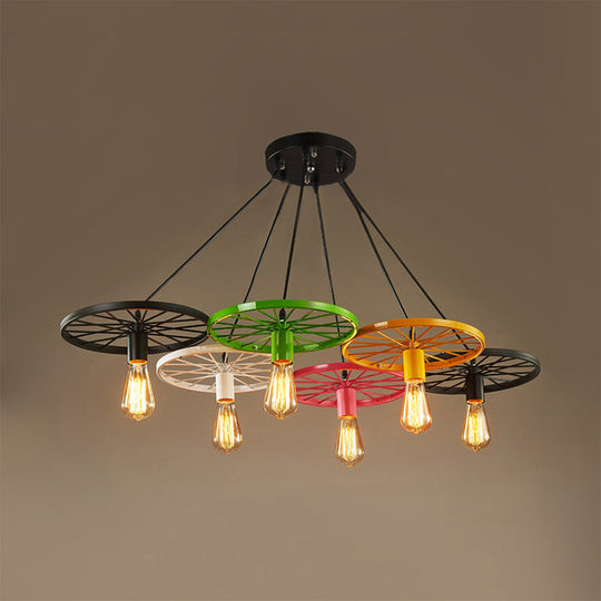 Vintage Industrial Hanging Light With Wheel Design And Multiple Heads - Black/Rust Metal Ceiling