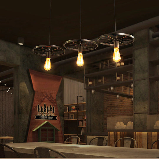 Vintage Industrial Hanging Light With Wheel Design And Multiple Heads - Black/Rust Metal Ceiling