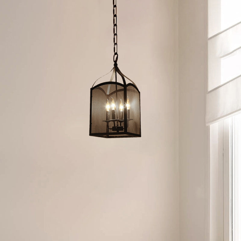 Vintage-Style Black Metal Pendant Ceiling Lamp With Adjustable Caged Mesh Screen - 4/5 Lights