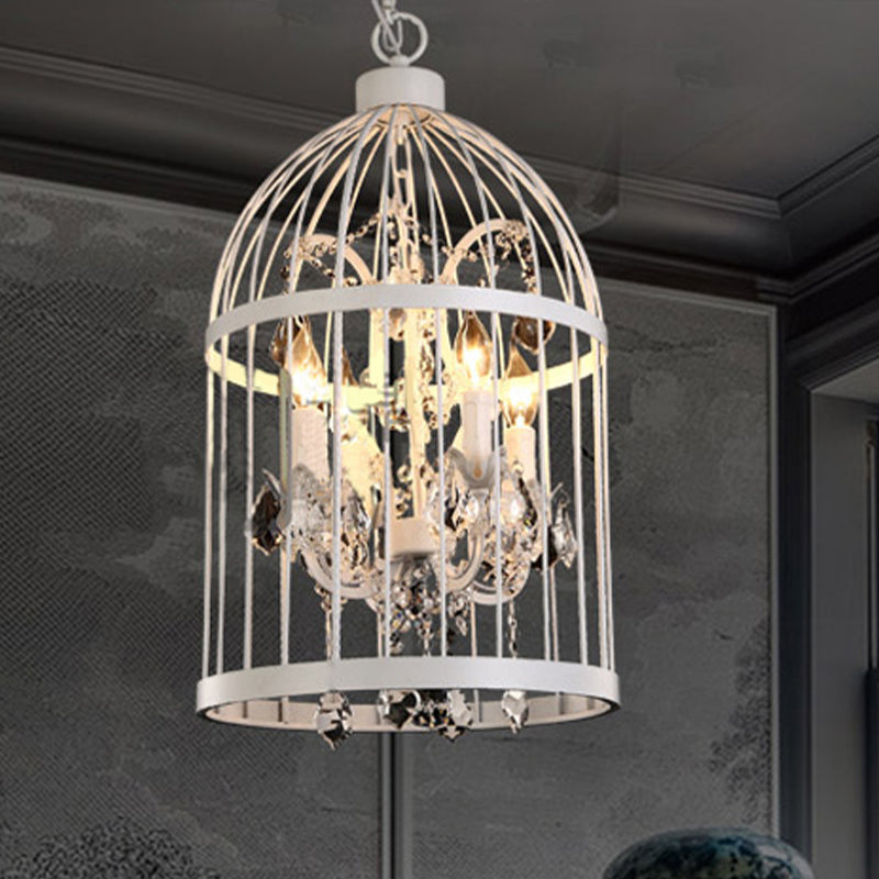 Vintage Style 4-Head Birdcage Chandelier: Black/White/Rust Iron Hanging Lamp With Candle & Crystal