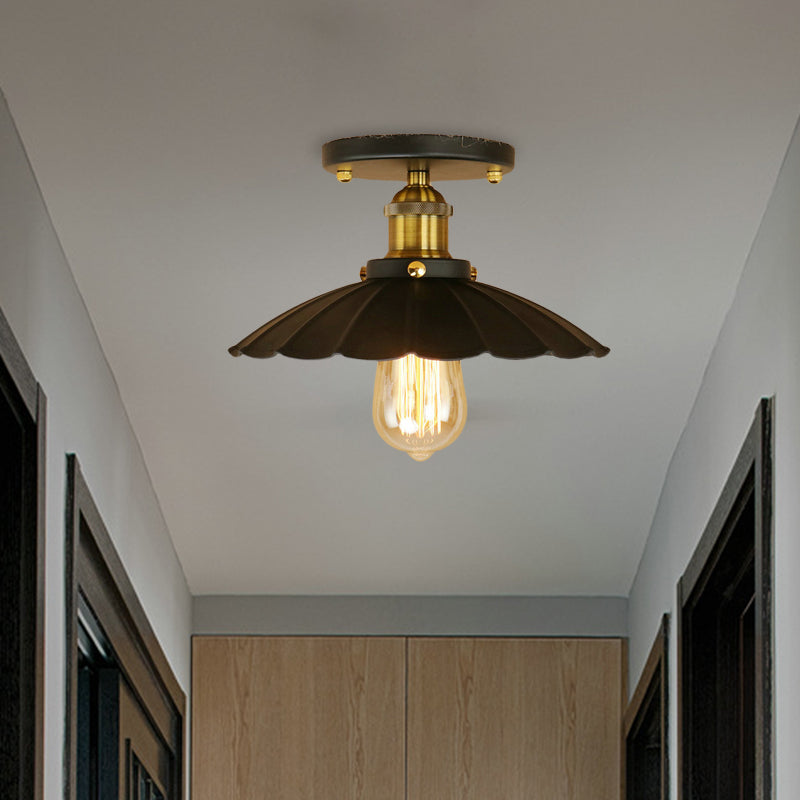 Vintage Style Scalloped Edge Balcony Semi Flush Ceiling Light In Black/Rust With 1 Metal Fixture