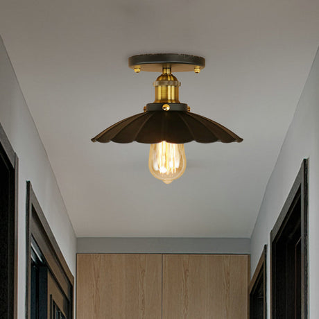 Vintage Style Scalloped Edge Balcony Semi Flush Ceiling Light In Black/Rust With 1 Metal Fixture