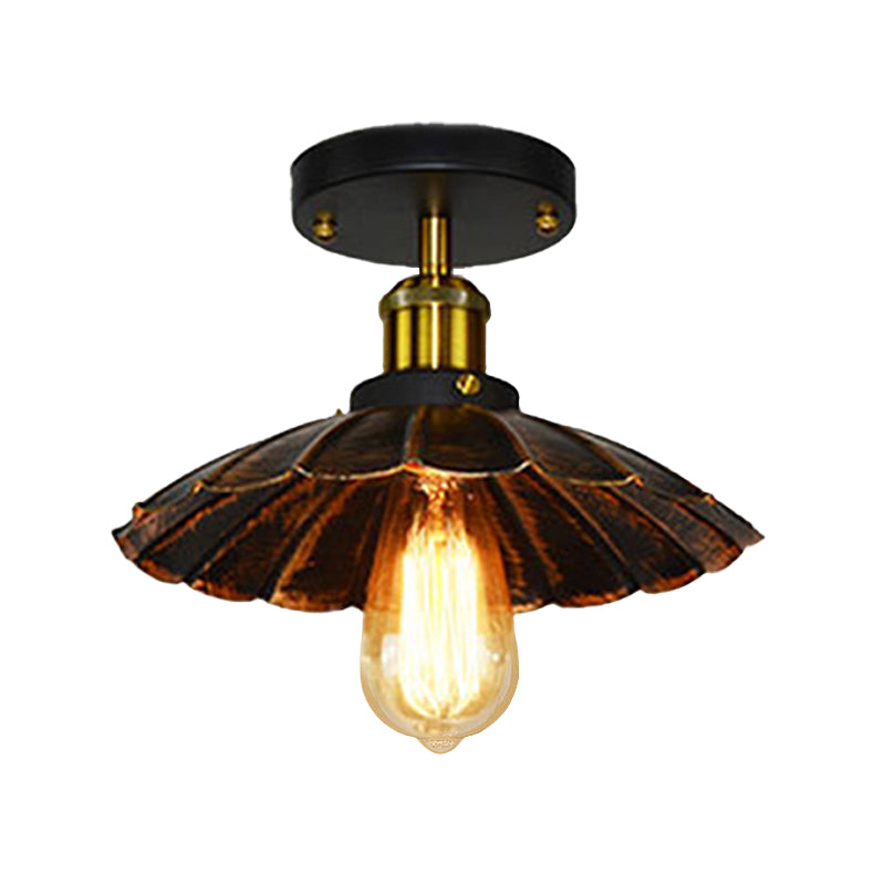 Vintage Style Scalloped Edge Balcony Semi Flush Ceiling Light In Black/Rust With 1 Metal Fixture