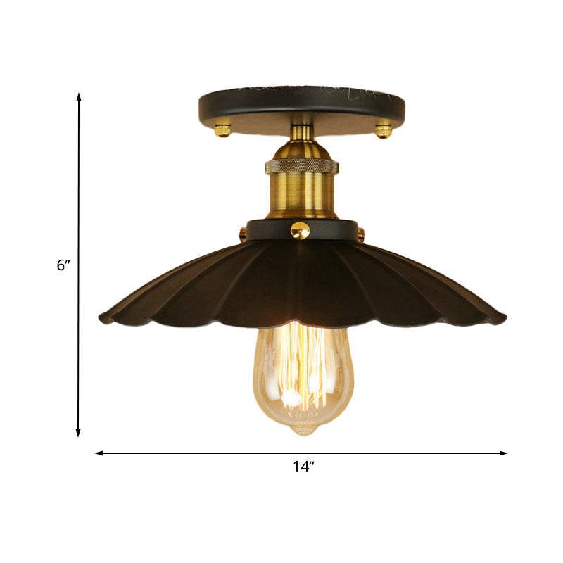 Loft Style Black Scalloped Edge Semi Flush Mount Light - 2 Lights Metal Ceiling Mounted Indoor